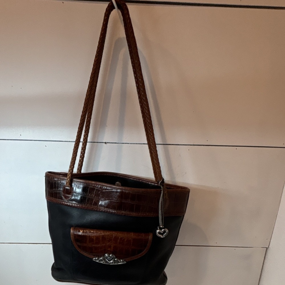 Brighton Vtg Black Brown Shoulder Bag with Heart Accents Braided Leather Strap
